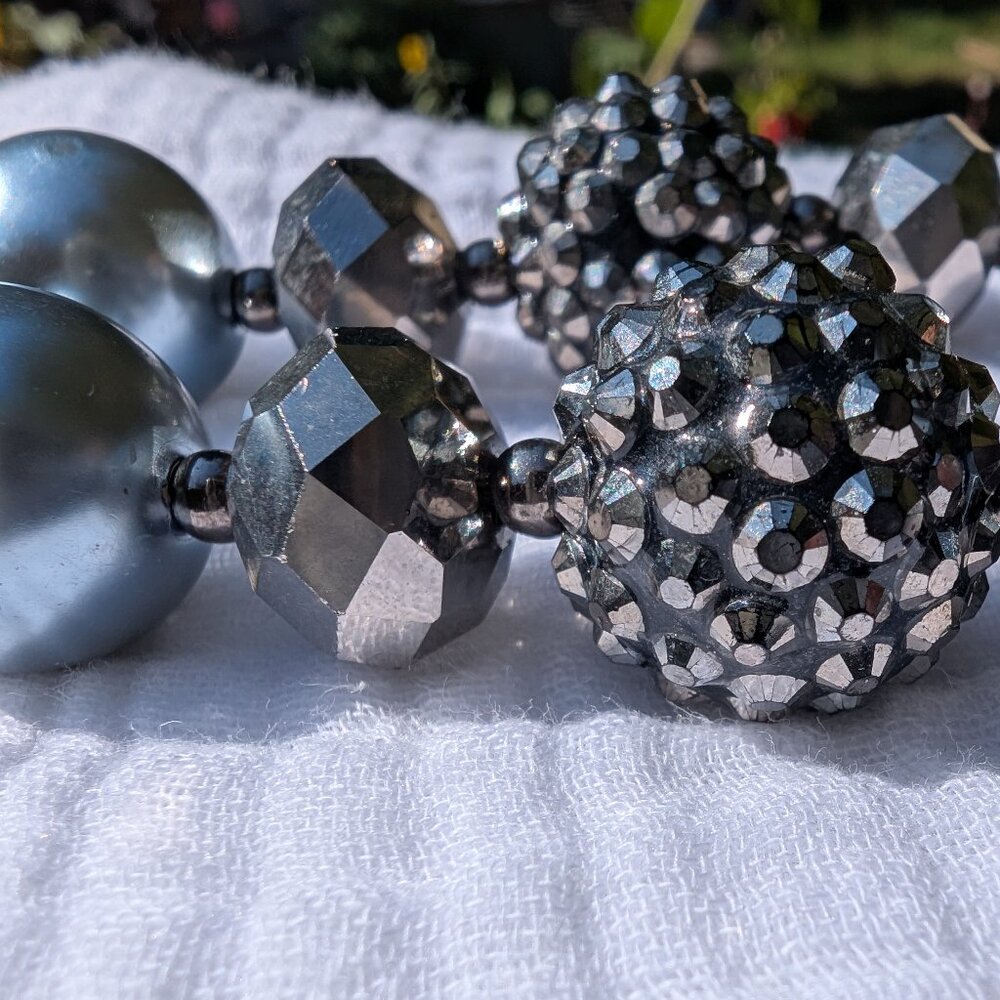 Large Rhinestone Ball Necklace, Big Gray Pearl Beaded Choker, Vintage Bling Neck
